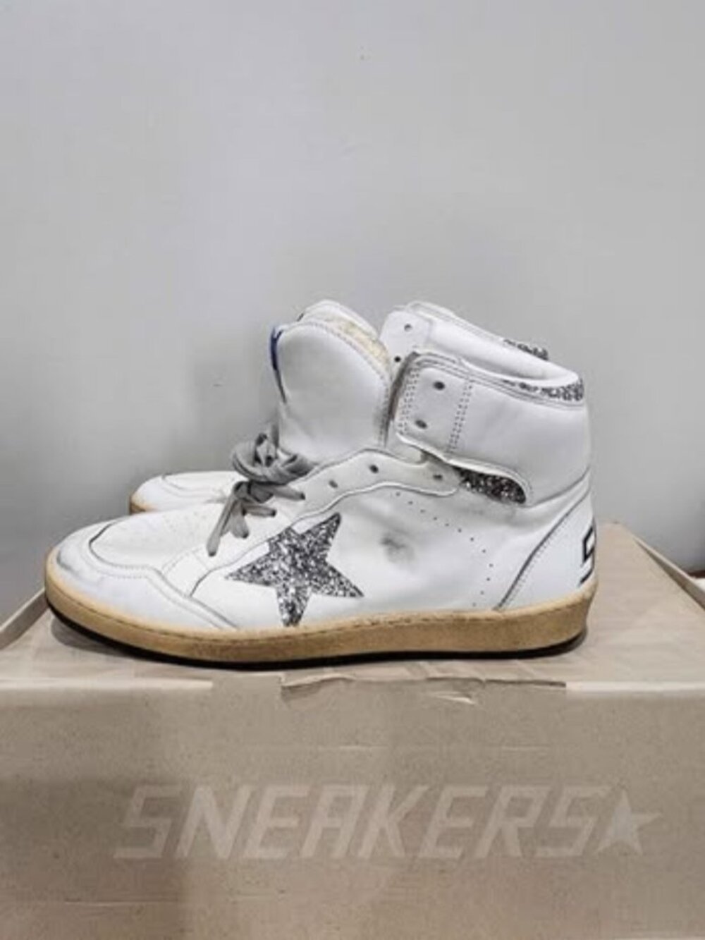 Golden Goose Women's Sky-Star High-Top Sneakers White Silver Glitter Star EU 40